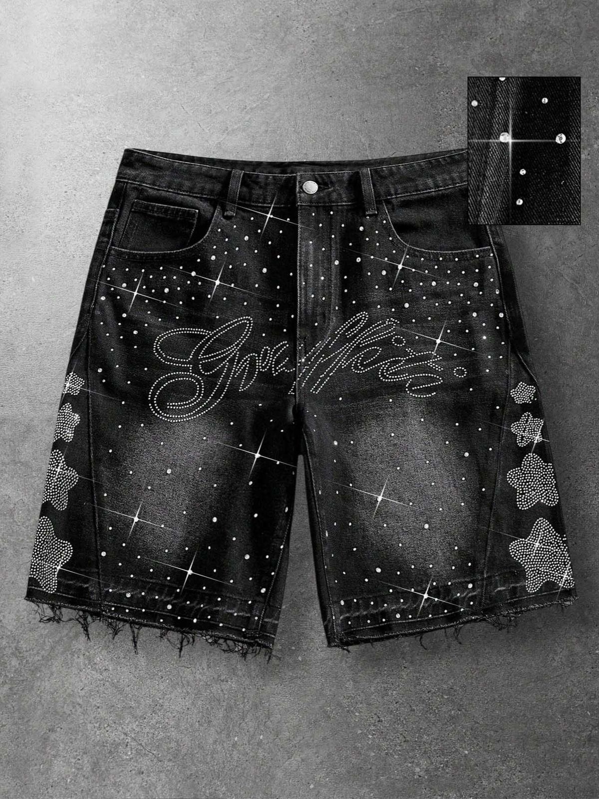 Laike Men's Denim Shorts American Street Style Rhinestone Casual Mid-Length Five Point Washed Non-Stretch Summer Pants_mkmklike.com