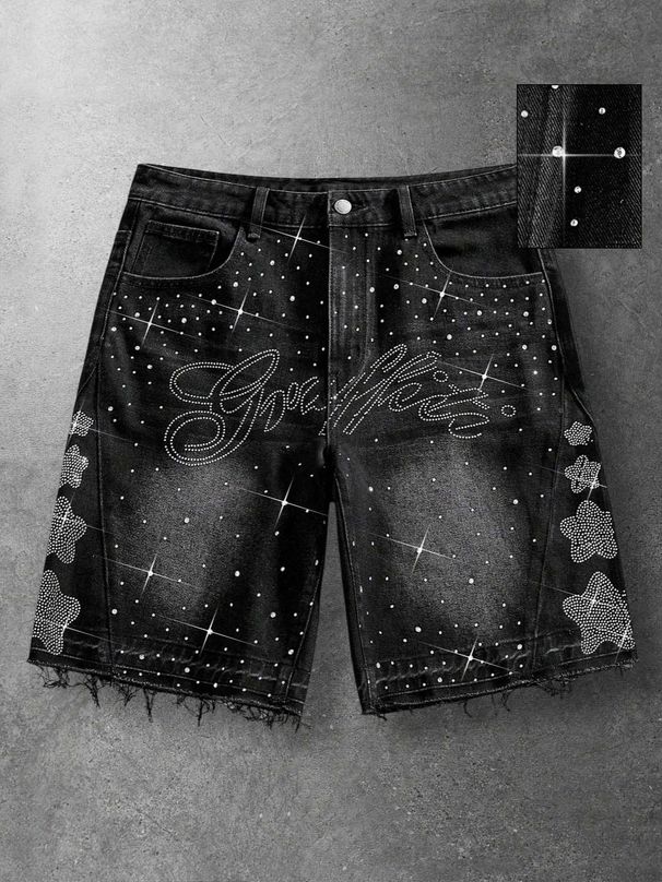Laike Men's Denim Shorts American Street Style Rhinestone Casual Mid-Length Five Point Washed Non-Stretch Summer Pants_mkmklike.com