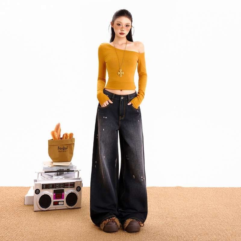 Denim Long Pants With Ink Dot Design, Spotted Fall And Winter Floor-Length Loose Wide-Leg Pants, American Style_mkmklike.com