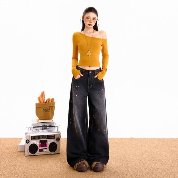 Denim Long Pants With Ink Dot Design, Spotted Fall And Winter Floor-Length Loose Wide-Leg Pants, American Style_mkmklike.com