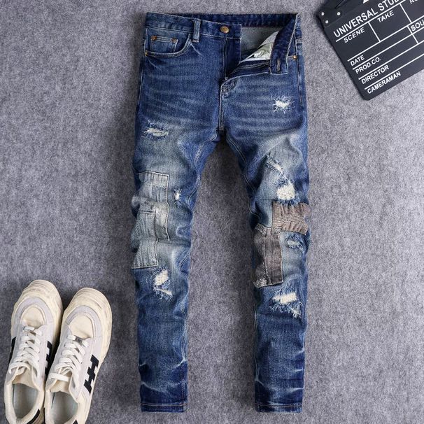 Men's Clothing Men's Slim Fit Skinny Jeans Dark Blue Washed Ripped Trendy American Street Style Hip Hop Retro Embroidered Patchwork_mkmklike.com