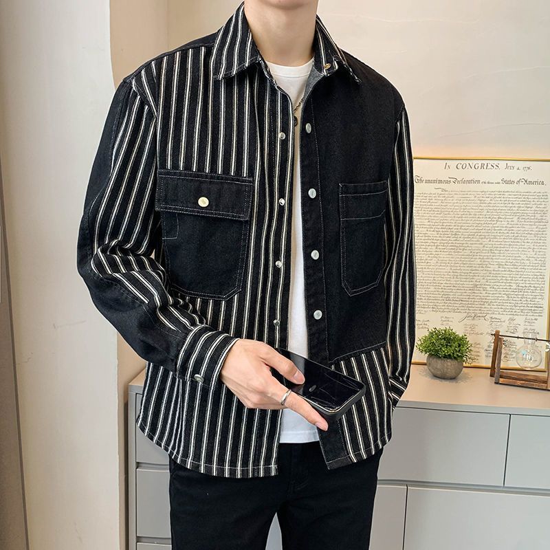 Cowboy Patchwork Striped Spring Autumn New Style Loose And Trendy Korean Casual Versatile Shirt Men's Jacket_mkmklike.com