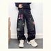 Men's Cool Stylish Splatter Paint Graffiti Black Faux Ripped Jeans Trendy Micro Pattern Design Wide Leg Trousers_mkmklike.com