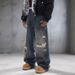 Men's Vintage Loose Straight-Leg Distressed Graffiti Jeans In Antique Bronze Wash Breathable Comfort_mkmklike.com