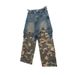 Men's Clothing Heavy Hip Hop Stitching Two Piece Distressed Camouflage Workwear Jeans Loose Casual Wide Leg Trousers_mkmklike.com
