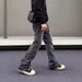 Men's Washed Black Ripped Jeans Straight Flared Cleanfit Pants mid Waist Long Non-Stretch Softener American High Street Style_mkmklike.com