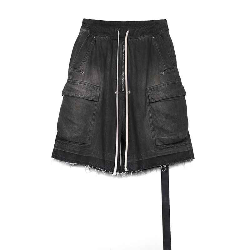 Men's Clothing Dark Washed Dyed Distressed Overalls Shorts Mid Length Pants Loose Casual Shorts_mkmklike.com