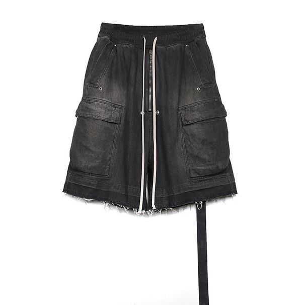 Men's Clothing Dark Washed Dyed Distressed Overalls Shorts Mid Length Pants Loose Casual Shorts_mkmklike.com