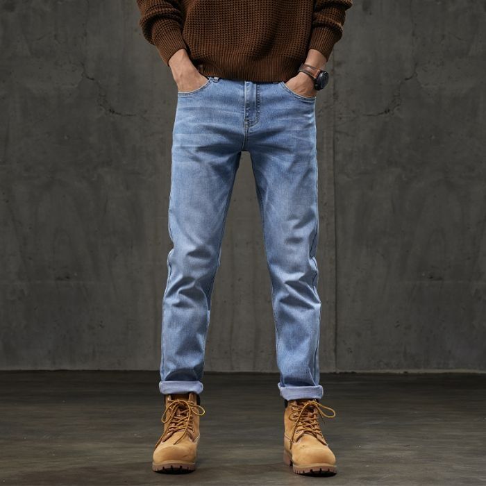 Pure 2025 Autumn Winter High-end Pure Cotton Jeans Men's Fleece-lined Thickened Slim Straight Stretch Casual Long Pants_mkmklike.com