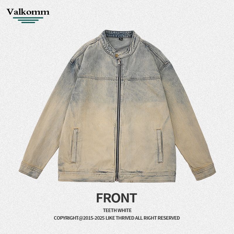 Men's Vintage Distressed Denim Jacket - Retro American Style Zip-Up Coat With Button Accents For Casual Wear (M-5XL)_mkmklike.com