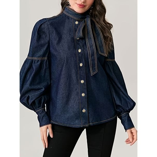 Elegant Bow-Tie Adjustable Waist Denim Shirt for Women Princess Sleeves Navy Color Office to Dinner Versatile M-2XL_mkmklike.com