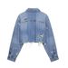 Distressed Denim Shirt Jacket For Women - Stylish Cropped Casual Top With Ripped Details (XS/S/M/L, Blue)_mkmklike.com