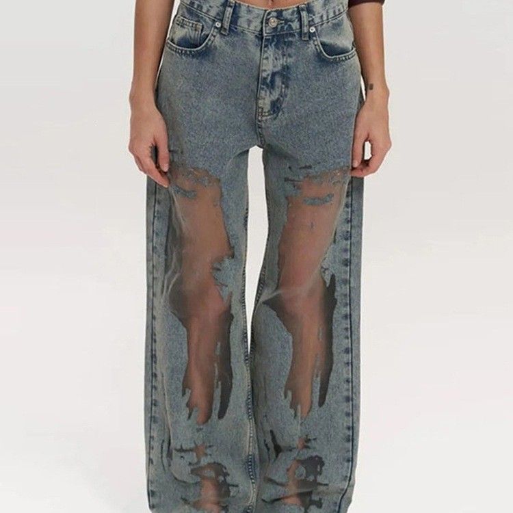 Women's Y2K American Style Retro Straight Leg Jeans Unique Design Cutout Texture Loose Wide Leg Trousers_mkmklike.com