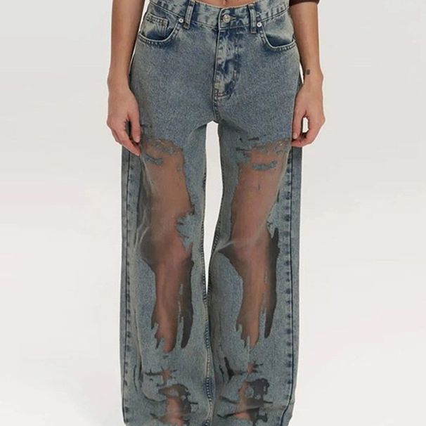 Women's Y2K American Style Retro Straight Leg Jeans Unique Design Cutout Texture Loose Wide Leg Trousers_mkmklike.com