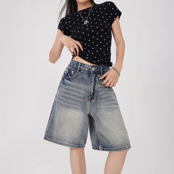 Women's Clothing Retro High Waist Loose Wide Leg Shorts High Street Trend Cool Denim Mid Length Pants_mkmklike.com