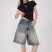 Women's Clothing Retro High Waist Loose Wide Leg Shorts High Street Trend Cool Denim Mid Length Pants_mkmklike.com