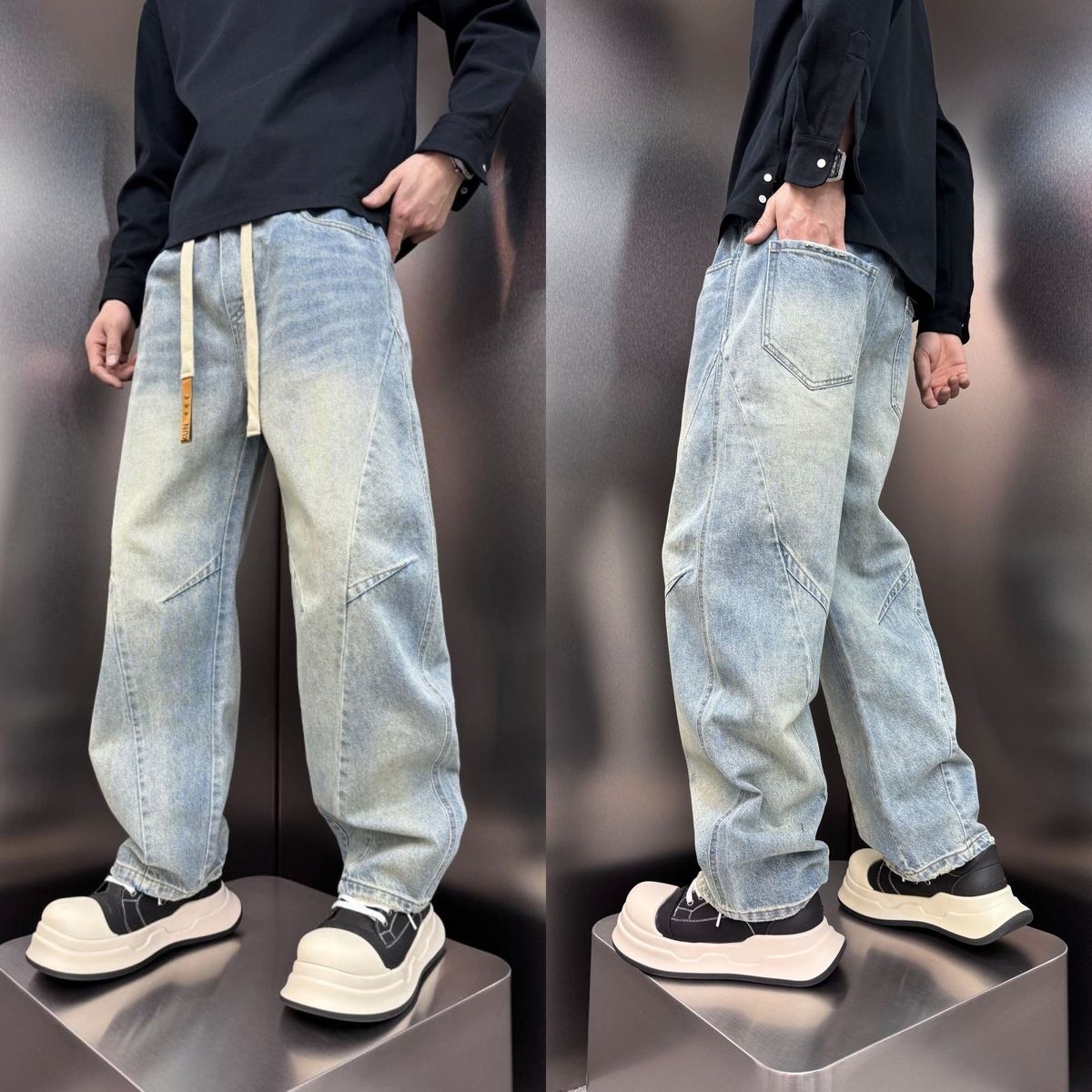Men's Light Blue Distressed Denim Jeans Relaxed Fit High Street Straight Leg Pants With Drawstring Waist Vintage Style_mkmklike.com