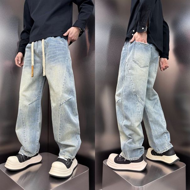 Men's Light Blue Distressed Denim Jeans Relaxed Fit High Street Straight Leg Pants With Drawstring Waist Vintage Style_mkmklike.com