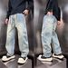Men's Light Blue Distressed Denim Jeans Relaxed Fit High Street Straight Leg Pants With Drawstring Waist Vintage Style_mkmklike.com