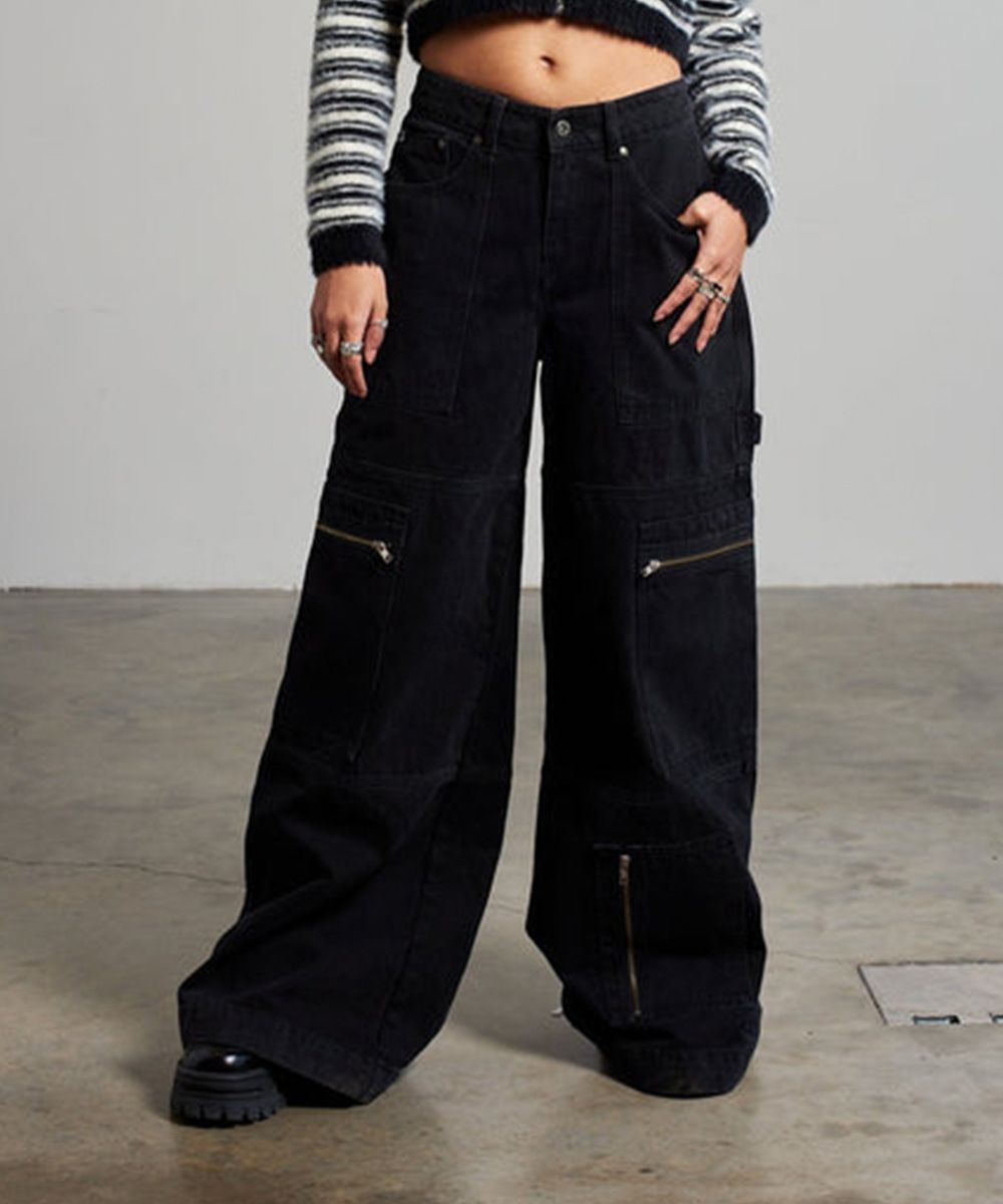 High-Waisted Wide-Leg Jeans For Women – Vintage Washed Black Denim With Zip Pockets (XS-L, Street Chic & Office Ready)_mkmklike.com