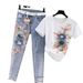 Women's Version Heavy Beaded Embroidery Short Sleeve + Skinny Ripped Jeans Suit For Women_mkmklike.com