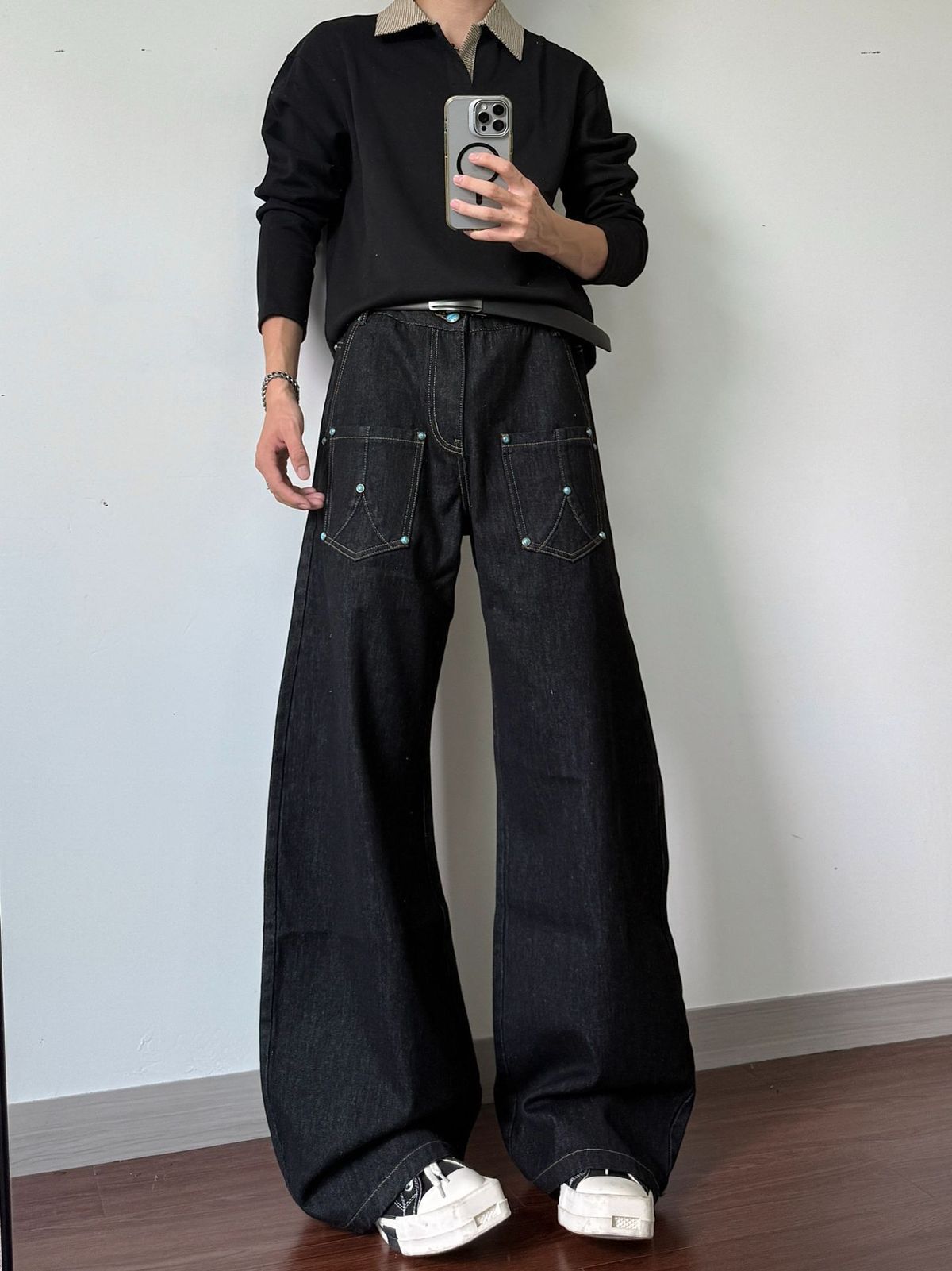 Vintage American Raw Denim Jeans For Men – Black Bootcut Staple With Classic Stitching (S-XXXL, Mid-Rise, Polyester Blend)_mkmklike.com