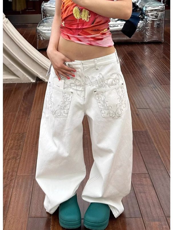 Unisex Punk Style Embroidered Jeans – Oversized Streetwear Denim Pants With Edgy Print (White, S-3XL)_mkmklike.com