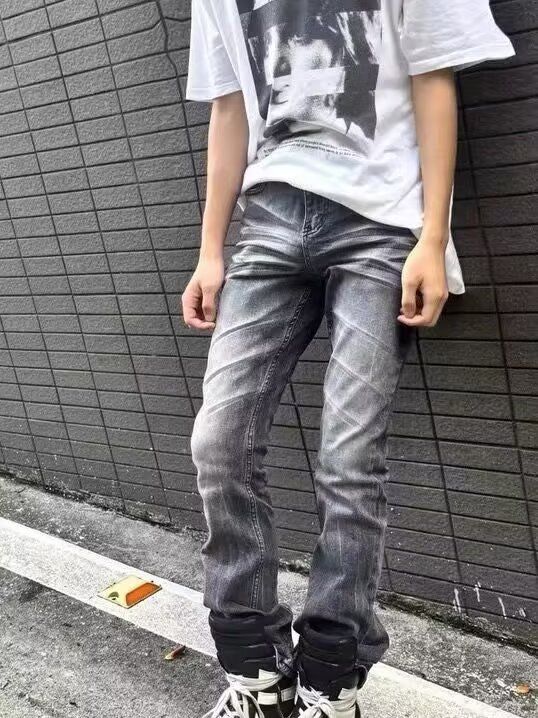 Vintage High Street Denim Jeans, Unisex Washed Wide-Leg Trousers With Distressed Details, Retro Stretch Slim Fit For Men & Women_mkmklike.com