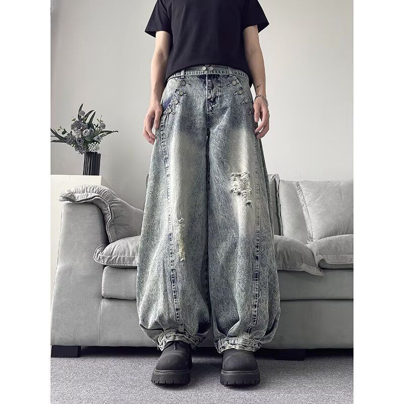 Women's American Retro Ripped Jeans High Street Design Loose Wide Leg Drape Pants Trendy Summer Hot Girl Clothing_mkmklike.com
