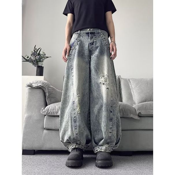 Women's American Retro Ripped Jeans High Street Design Loose Wide Leg Drape Pants Trendy Summer Hot Girl Clothing_mkmklike.com