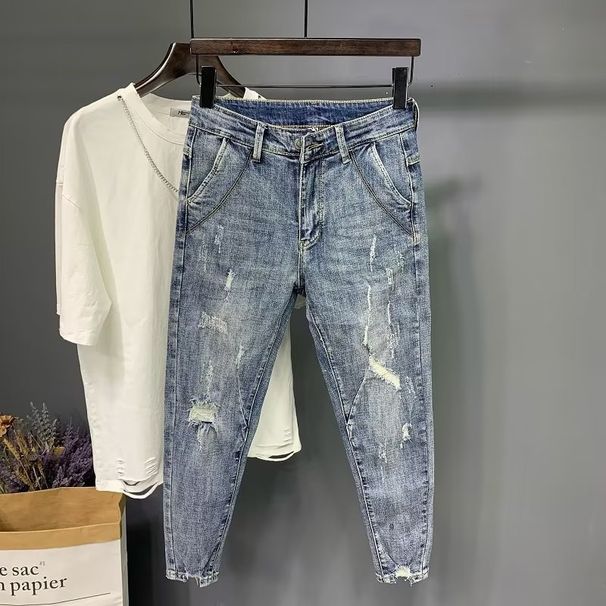 Men's Slim Fit Distressed Cropped Jeans Summer Trendy Versatile Young Fashion_mkmklike.com