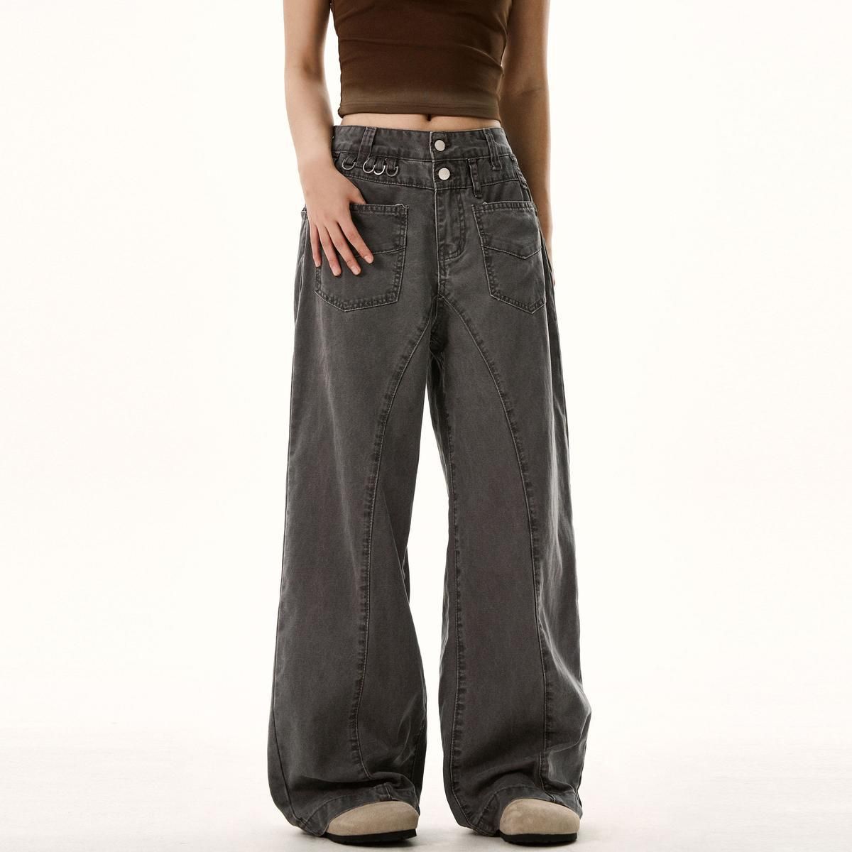 Vintage Workwear Jeans For Men & Women - Relaxed Straight Fit, Distressed Wash, Multi-Pocket Utility Pants (Charcoal/Khaki)_mkmklike.com