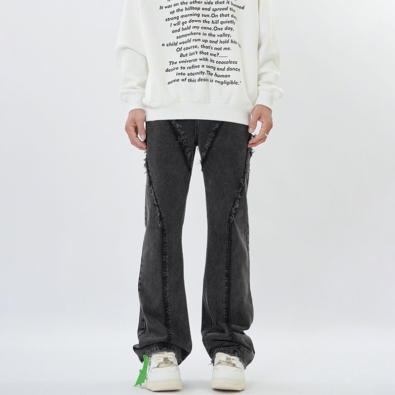 Nordmann American Style Frayed Edge Patchwork Jeans For Men, Stylish Versatile Slimming Black Casual Pants, Loose Straight-Leg_mkmklike.com