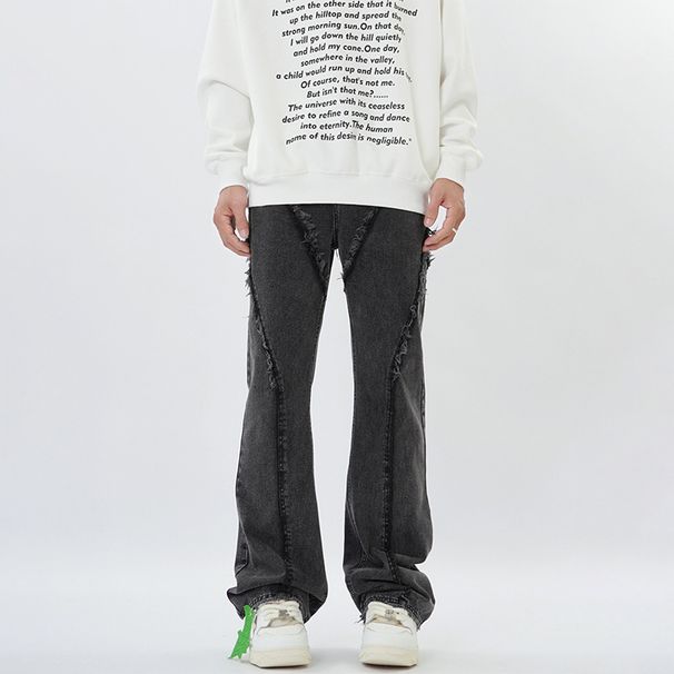 Nordmann American Style Frayed Edge Patchwork Jeans For Men, Stylish Versatile Slimming Black Casual Pants, Loose Straight-Leg_mkmklike.com