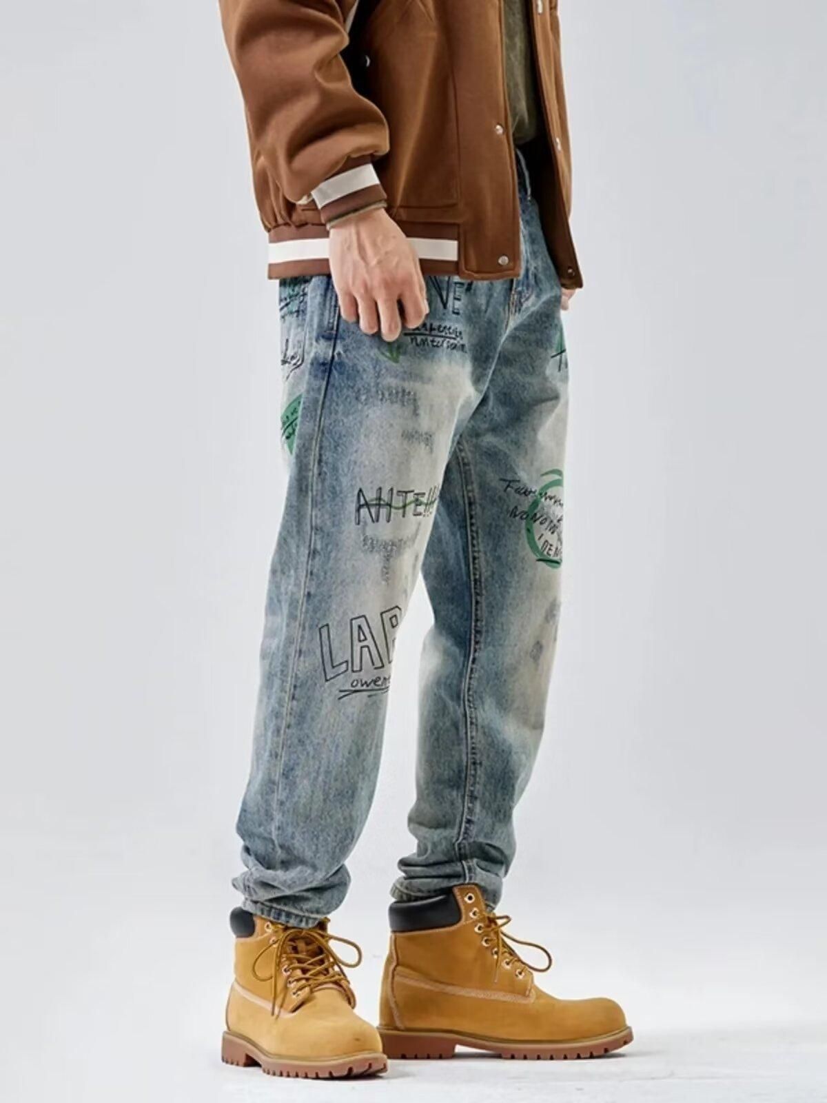 New Retro Workwear Yellow Mud Jeans Loose Straight Leg Men's American High Street Wide Leg Pants_mkmklike.com