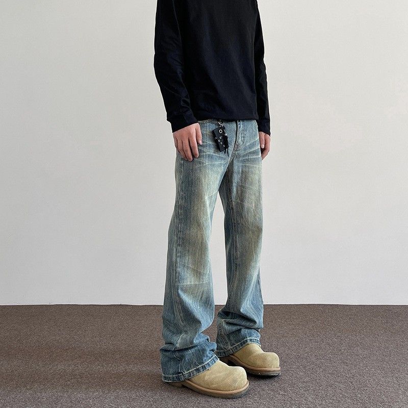 Men's Clothing High Street Cleanfit Cat Whisker Pattern Distressed Jeans Straight Flared Vibe Long Pants_mkmklike.com