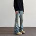 Men's Clothing High Street Cleanfit Cat Whisker Pattern Distressed Jeans Straight Flared Vibe Long Pants_mkmklike.com