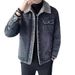 Men's Denim With Fleece Lining, Thickened Winter Style, Lamb Wool, 2024 New Korean Version, Slim Fit, Turn-down Collar,_mkmklike.com