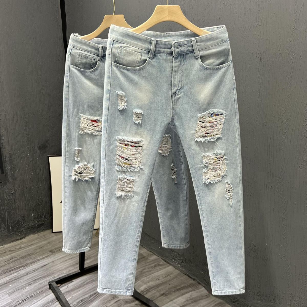 Korean Version Of Jeans, Men's Elastic Slim Fit, Trendy Brand, Beggar's Torn Holes, Scraped Edges, Versatile Casual Long_mkmklike.com