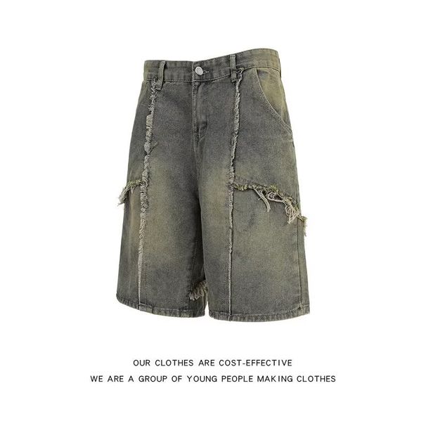 Men's Summer High Street Loose Straight Leg Denim Shorts Distressed Style Edgy Five Point Pants Youth American Fashion_mkmklike.com