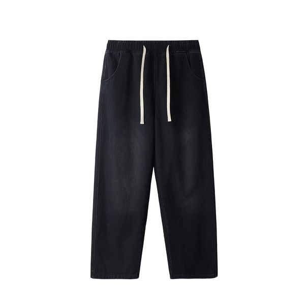 Vintage Washed Denim Pants – Relaxed Fit, Drawstring Waist & Straight-Leg For Men (S-4XL, Black/Blue, Lightweight Stretch)_mkmklike.com