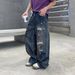 Men's Clothing Unisex Retro Style Faux Ripped Jeans Loose Fit Straight Leg Bronze Gray Washed Trendy Graffiti Design Casual Pants_mkmklike.com