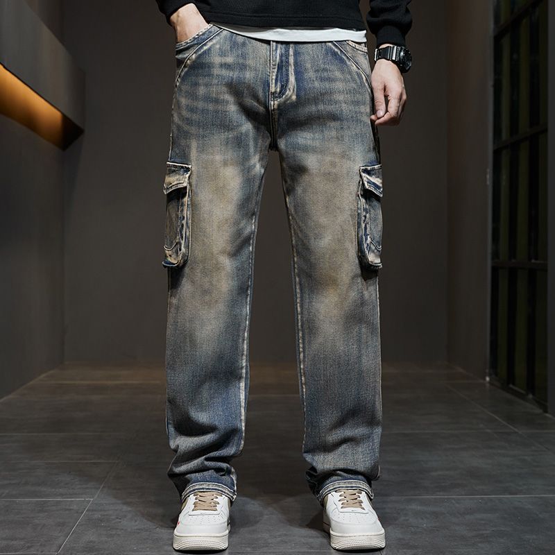 Four Seasons Outdoor Dirty Yellow Mud Jeans Men's Multi Pocket Slim Fit Straight Tube Workwear Denim Pants Men's Plus Size Men's Clothing_mkmklike.com