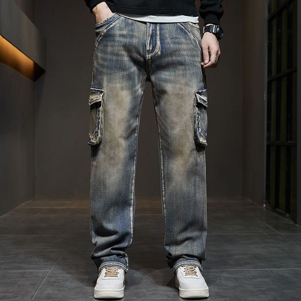 Four Seasons Outdoor Dirty Yellow Mud Jeans Men's Multi Pocket Slim Fit Straight Tube Workwear Denim Pants Men's Plus Size Men's Clothing_mkmklike.com