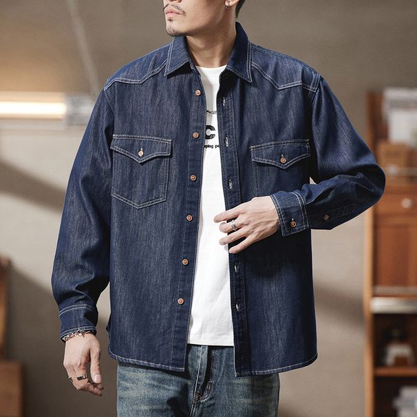 809 # Large Spring/Summer New Product Non Fading Denim Men's Loose And Versatile Original Cow Cardigan Shirt_mkmklike.com