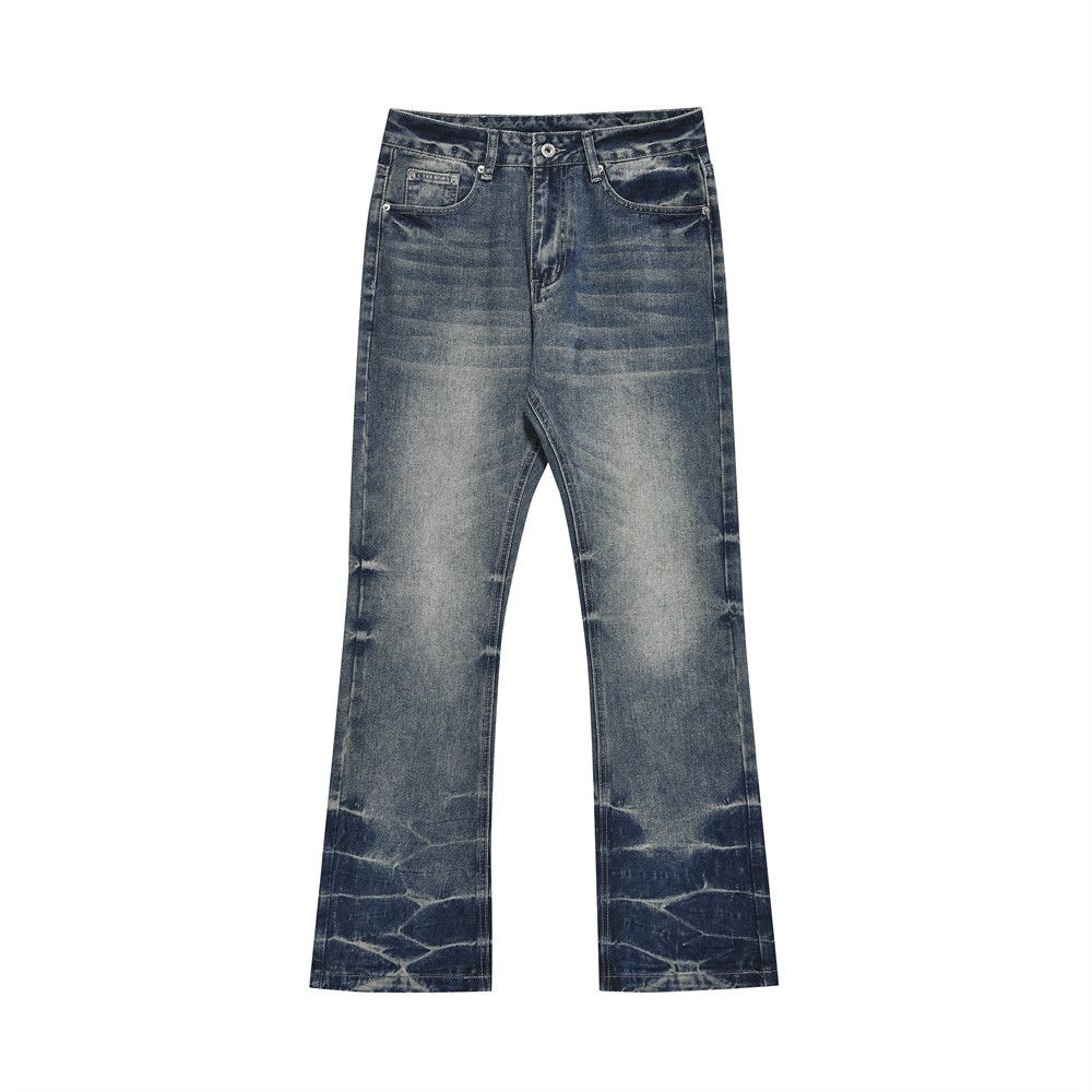 Distressed Washed Denim Jeans For Men - Vintage American Style Wide Leg Flared Bootcut With Tie-Dye & Crease Details_mkmklike.com