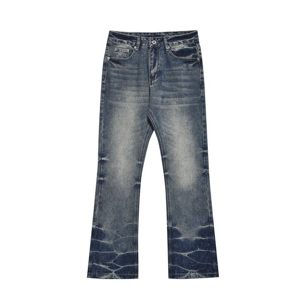 Distressed Washed Denim Jeans For Men - Vintage American Style Wide Leg Flared Bootcut With Tie-Dye & Crease Details_mkmklike.com