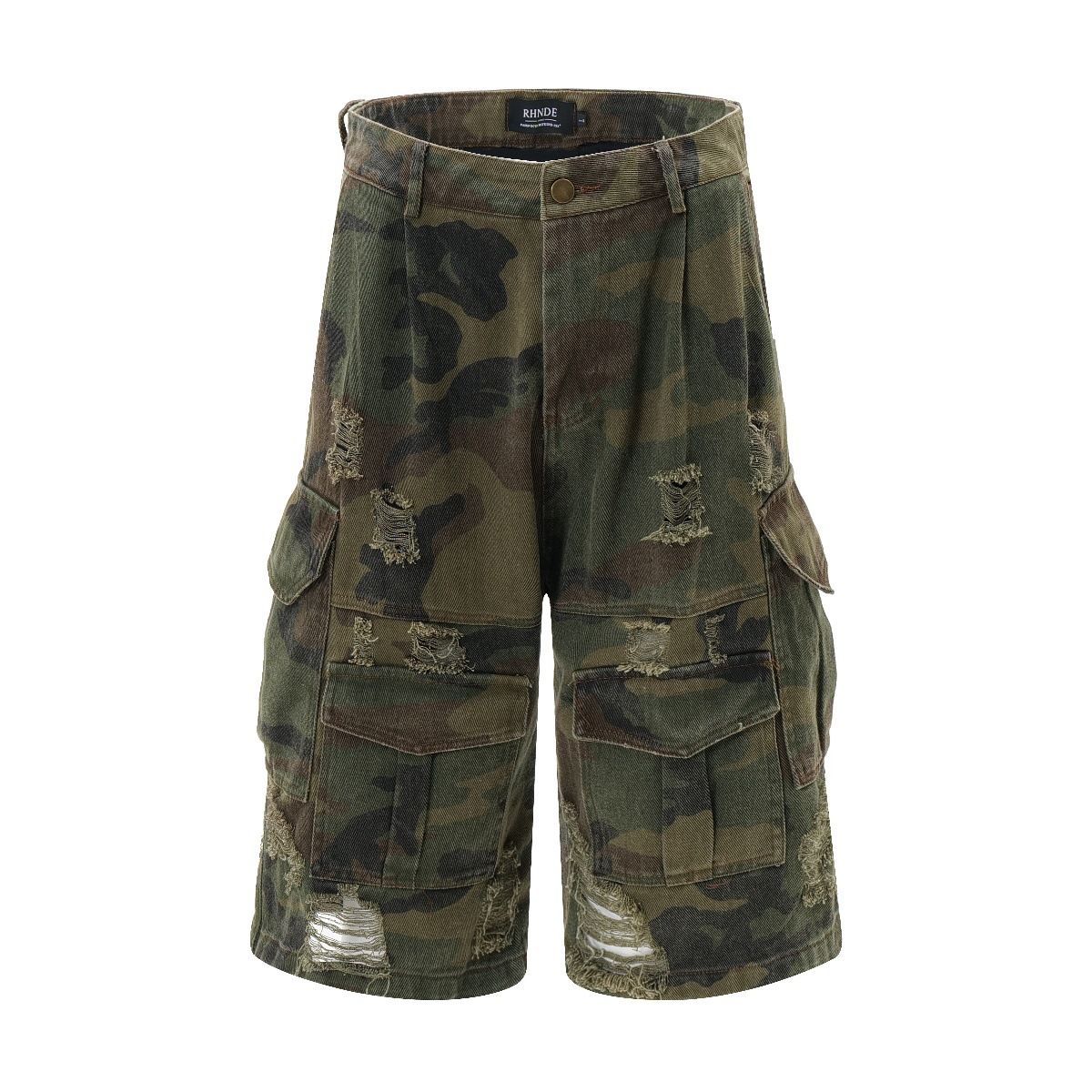 Men's Clothing Destroyed Stone Washed Old Camouflage Cropped Pants American Street Loose Ripped Workwear Shorts Men_mkmklike.com