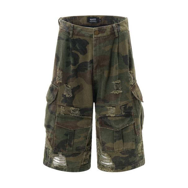 Men's Clothing Destroyed Stone Washed Old Camouflage Cropped Pants American Street Loose Ripped Workwear Shorts Men_mkmklike.com