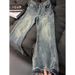 Men's Retro American Cat Scratch Jeans Slim Fit High Street Straight Trousers Summer Thin Cleanfit Flared Jeans Blue Cotton_mkmklike.com